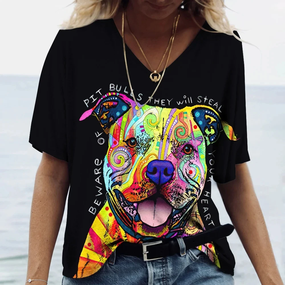 

Summer new women's V-neck top short sleeved T-shirt 3D cute dog print casual cute Harajuku versatile Y2K clothes