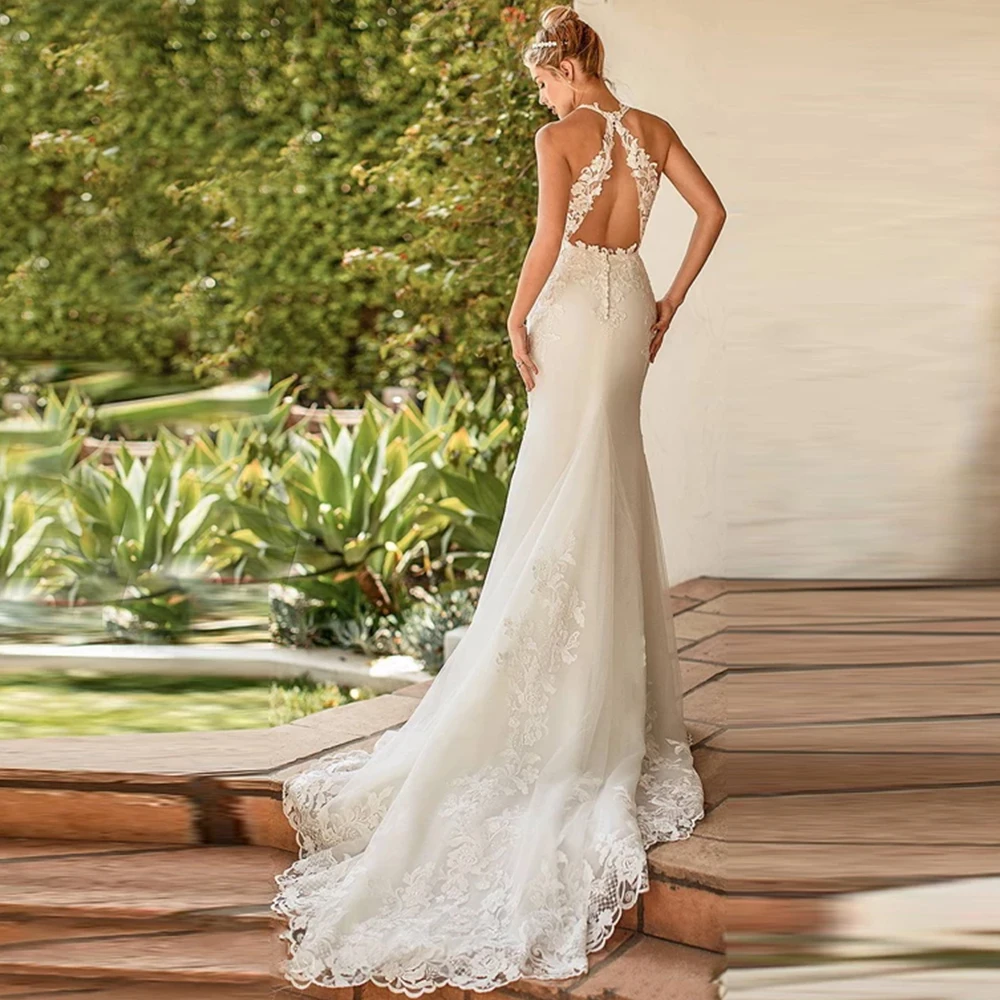 Abito da sposa a sirena Boho senza maniche con scollo a v di lusso per le donne 2022 Appliques di pizzo aperto sul retro lunghezza del pavimento abito da sposa su misura