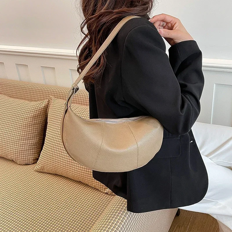 100% Echtes Leder Schultertasche für Damen Große Kapazität Halbmond-Form Designer Kuhledertasche für Pendler Shopper-Tasche – Detail 12