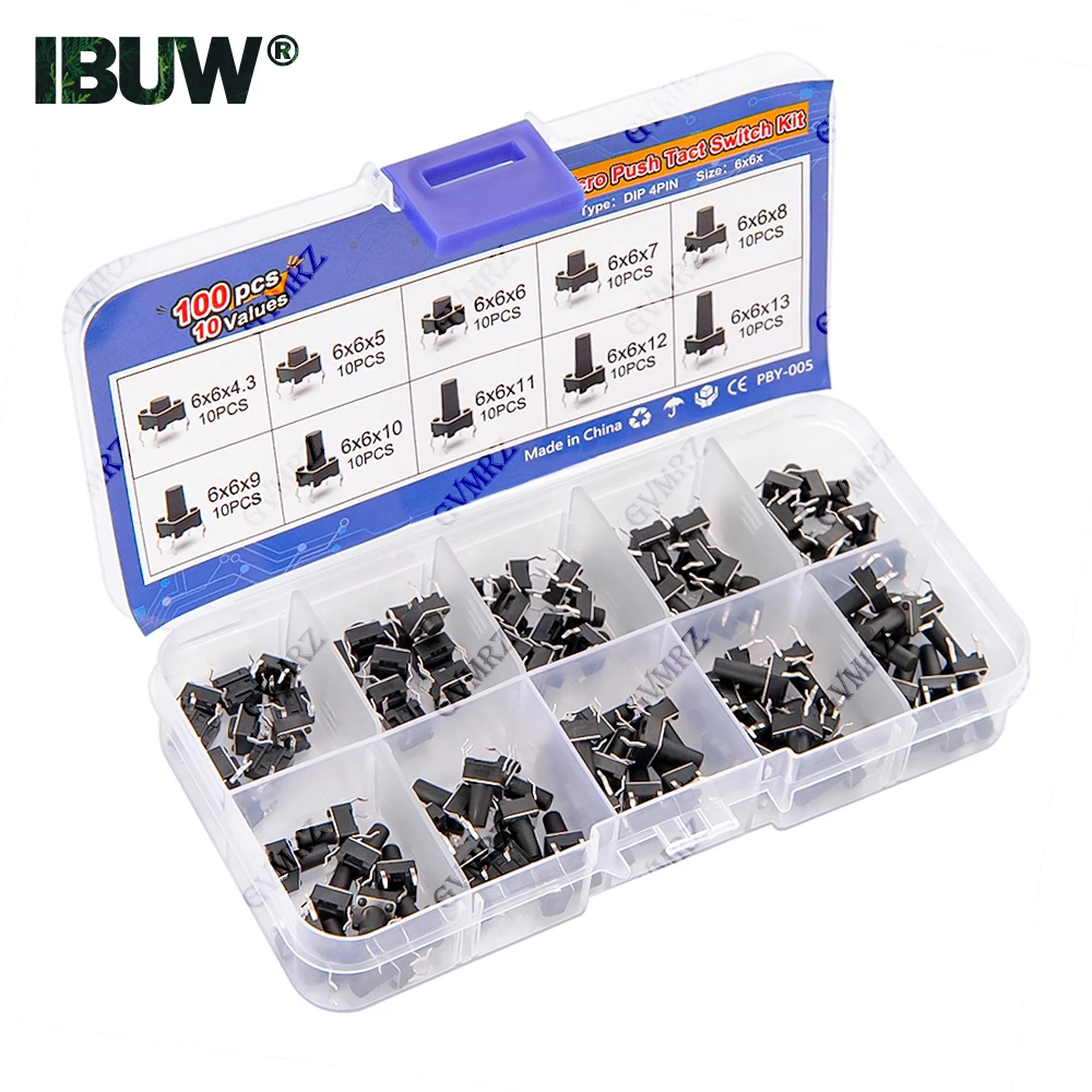 

100PCS 10Values 6x6 DIP 4Pin Micro Push Tact Switch Kit for Electronics DIY Projects