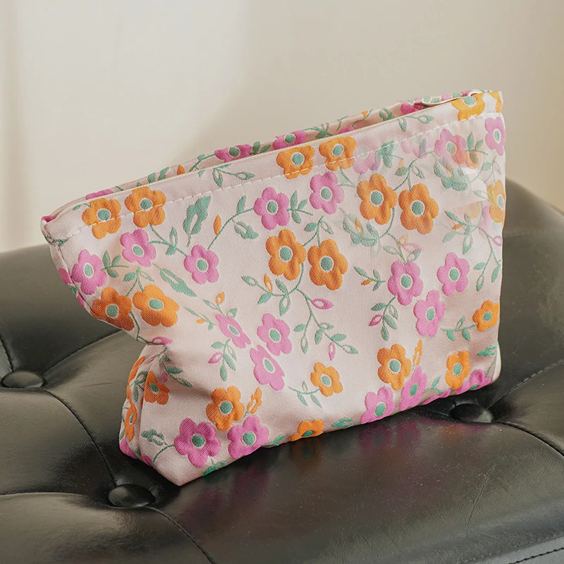 Women\'s Makeup Bag, Orange Flowers, Large Capacity Lipstick, Air Cushion, Sanitary Napkin, Storage Bag, Portable Toiletry Bag