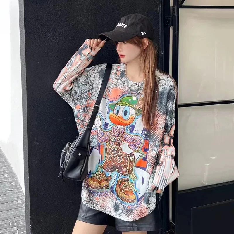 

Women's Oversized Donald Duck Graphic Long Sleeve Top - Tie-Dye Heavy-Duty Embellished Print Casual Versatile Blouse