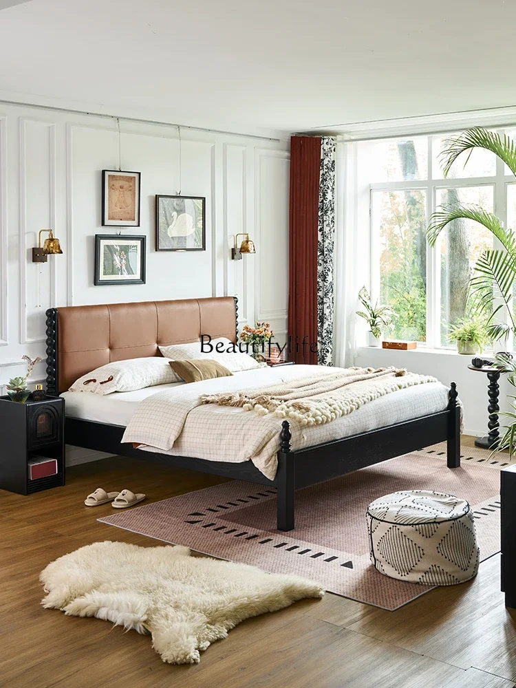 

ls 18French retro solid wood soft bag bed household bedroom double light luxury high-end leather art bed