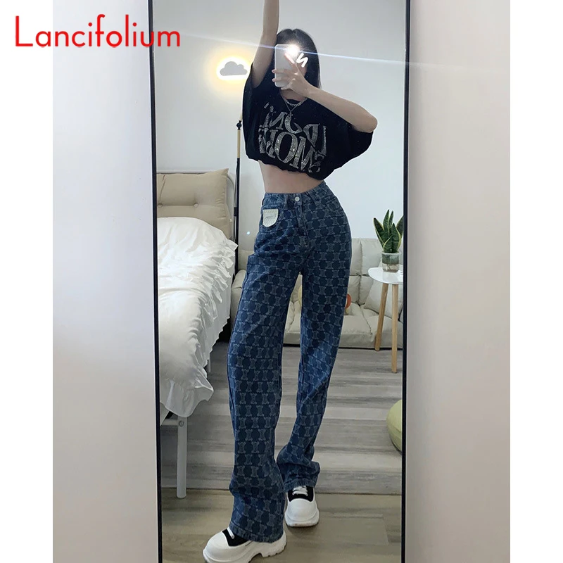 Streetwear Blue Plaid Denim Pants Summer Thin Korean Vintage Harajuku Print Baggy Wide Leg MAXI Straight Jeans Pants Women 2022