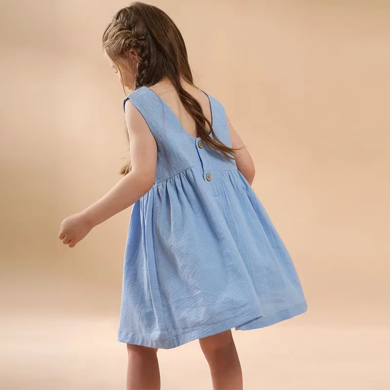 

Girls Textured Cotton Sleeveless White Dress 2025 Summer New Toddler Baby Girl Round Neck Button Low-Back Kids Dresses