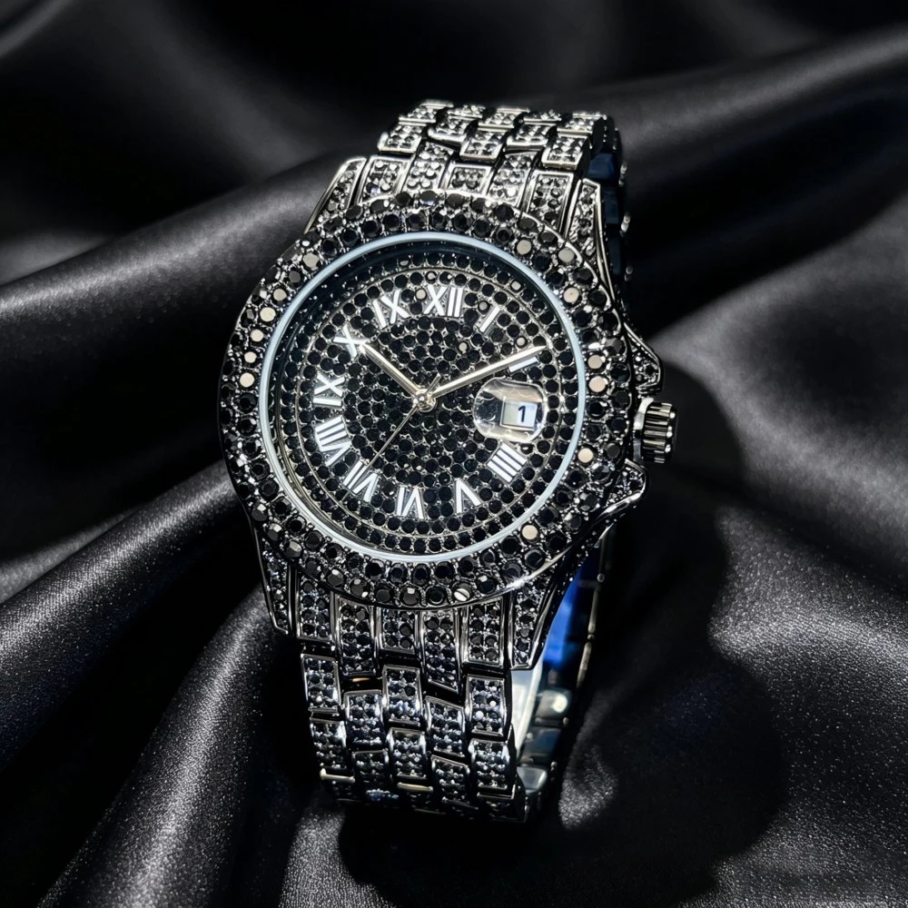 Missfox Iced Out Full Black Diamond Watch Roman Numeral Dial Calendar Quartz Wristwatch Hip Hop Luxury Alloy Steel Band Business Men Clock Gift Local Store
