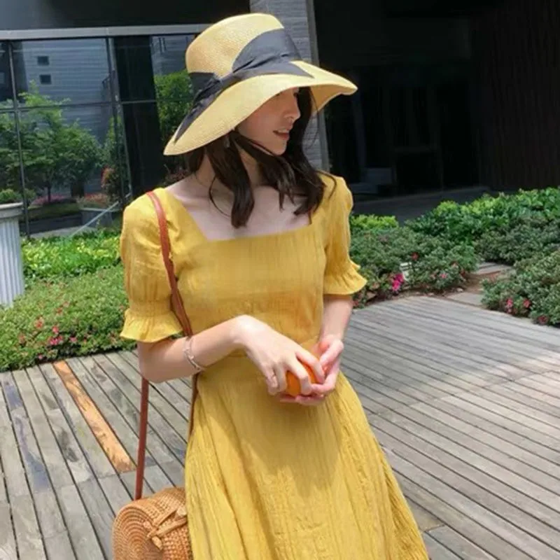 Vestido Doce de Fada Amarelo Claro Romântico com Cintura Ajustada Estilo Floresta Vestido de Verão Nova Chegada Roupas Fenas
