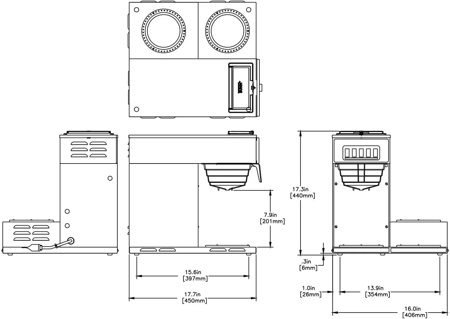 BUNN VP17-3, 12-Cup Low Profile Pourover Commercial Coffee Maker, 3 Lower Warmers, 13300.0003,Silver