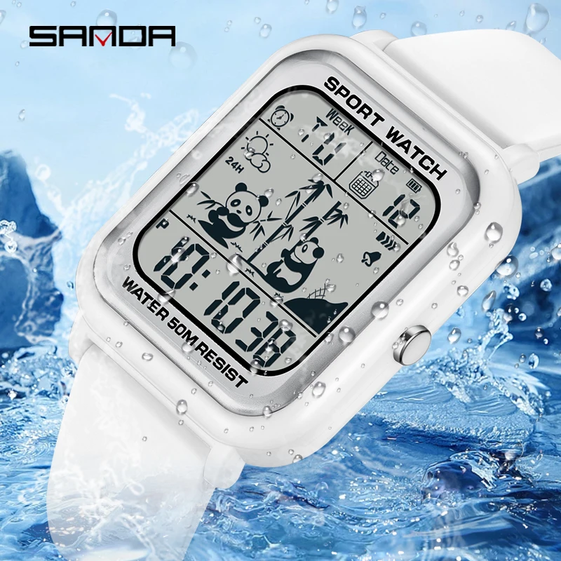 SANDA Panda Pattern Square Gradient Clock Electronic Men\'s Watch Sports Casual Outdoor Waterproof Trend Unisex Wristwatch 6120