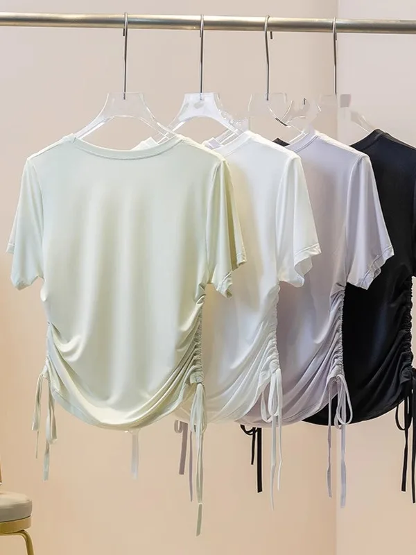 

Футболка из ледяного шелка Qui Dry ort Sve, женская летняя футболка с тонкой плиссированной талией, пряный топ для йоги