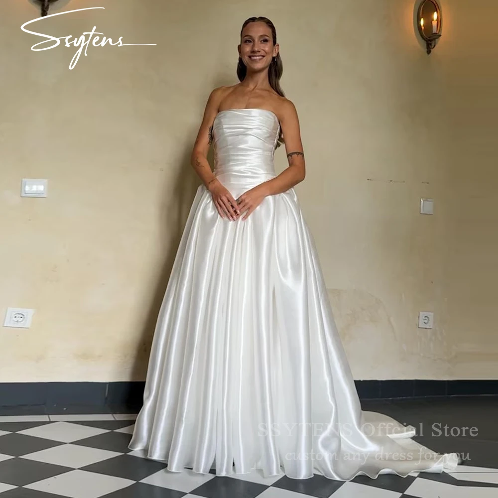 

SSYTENS Charming Wedding Dresses A Line Satin Bridal Gowns Long Strapless Bride Dress Corset Back Customized Vestidos De Novia