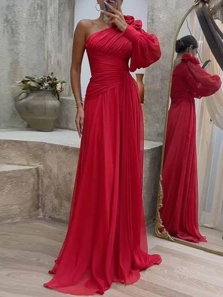 Bonboho 2024 New Solid Color Evening Dresses for Women One-shoulder Puff Sleeve High Waist Split-side Pleated Party Gowns