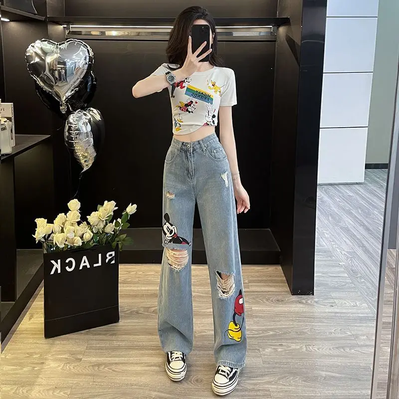 

Summer New 2-Piece Casual Set Stylish Cute Mickey Printed Cartoon T-Shirt with Trendy Ripped Jeans Women's Fashion Outfit