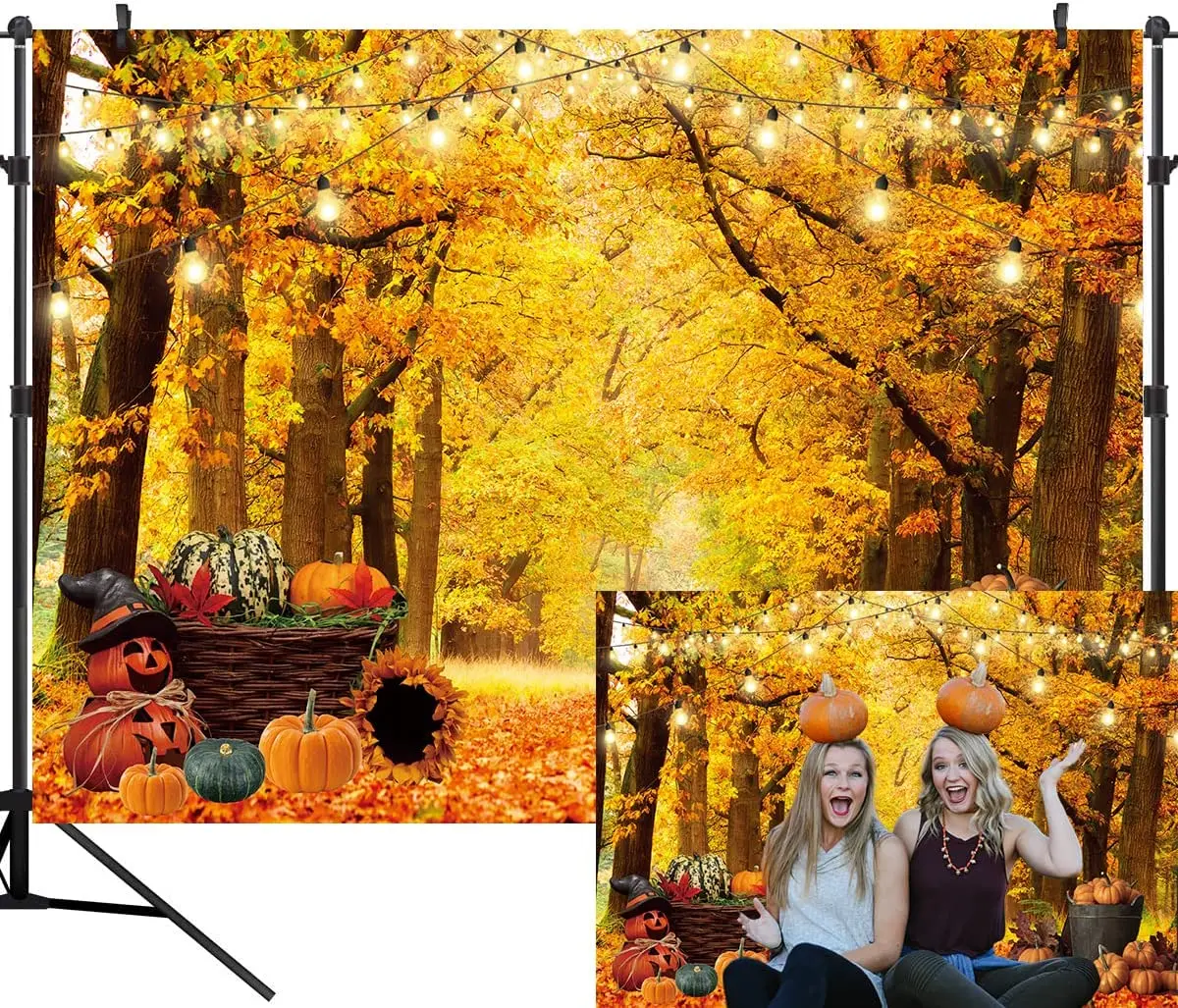 

Thanksgiving Photography Backdrop Autumn Maple Leaves Hay Pumpkins Background Birthday Decorations Supplies Photo Booth Props