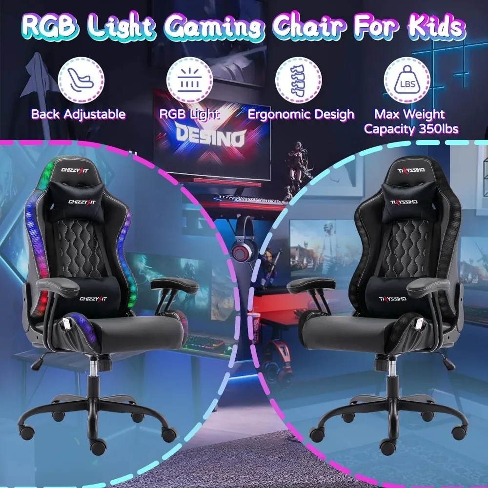 chizzysit Chair with RGB LED Lights Computer Chair with Adjustable Headrest Lumbar Support Ergonomic PVC Leather Gaming Chair