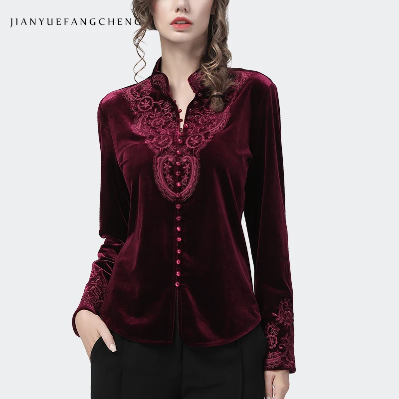 Vintage Embroidery Women Long Sleeve Velour Shirt 2023 Autumn Winter Female Top Fashion Stand-Up Collar Chinese Style Blouses