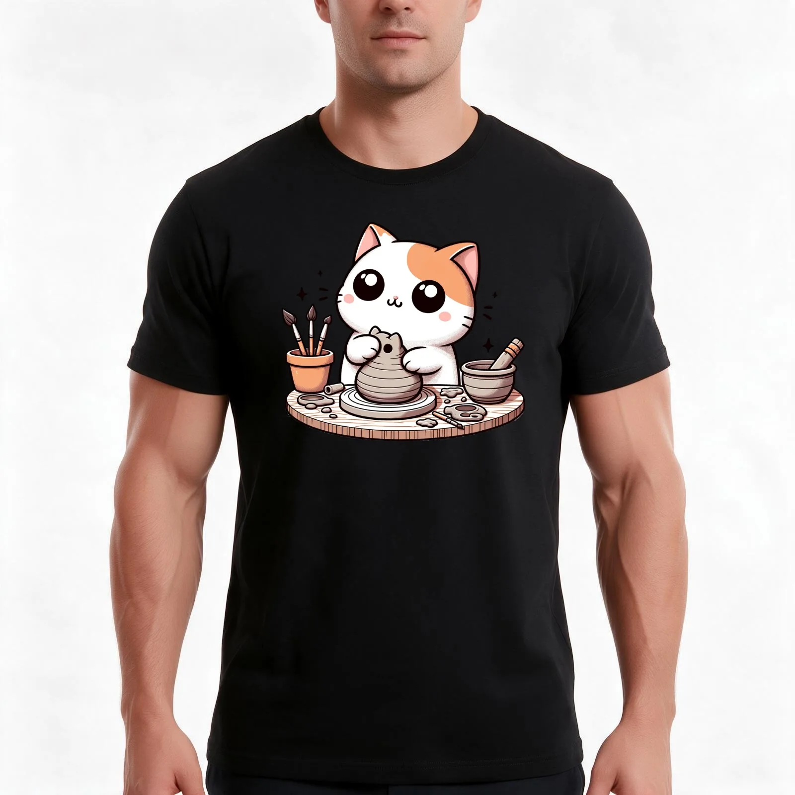 Clay Whiskers: Kawaii Potter Cat Crafting Delightful Ceramics T-Shirt Summer Casual Cotton Tee Oversized Streetwear Tops