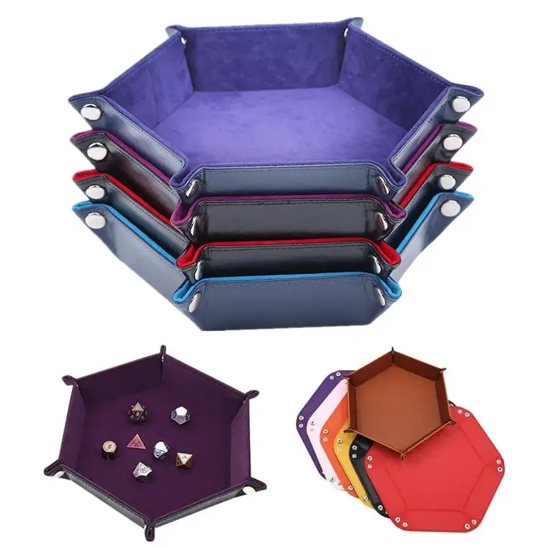 Rolling Folding Hexagon Dice Game Storage Tray PU Leather&Velvet Mat Holder Double Sided Thick Office Supplies Storage Tools