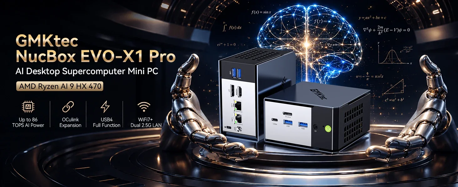 GMKtec EVO-X1 Pro Ryzen AI 9 HX 470 Powerful AI PC LPDDR5 64GB 2*M.2 2280 SSD WIFI7 BT5.4 Windows 11 Pro Mini PC Gaming Computer