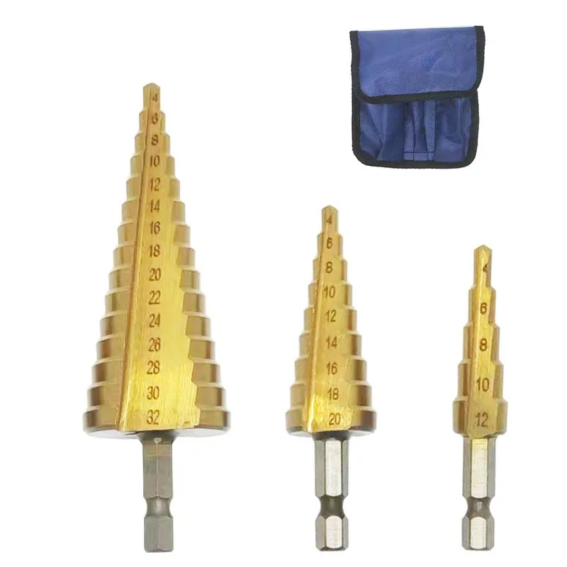 Pagoda drill bit 3PCS hexagonal shank straight slot titanium plated drilling and expanding device step drill set step drill