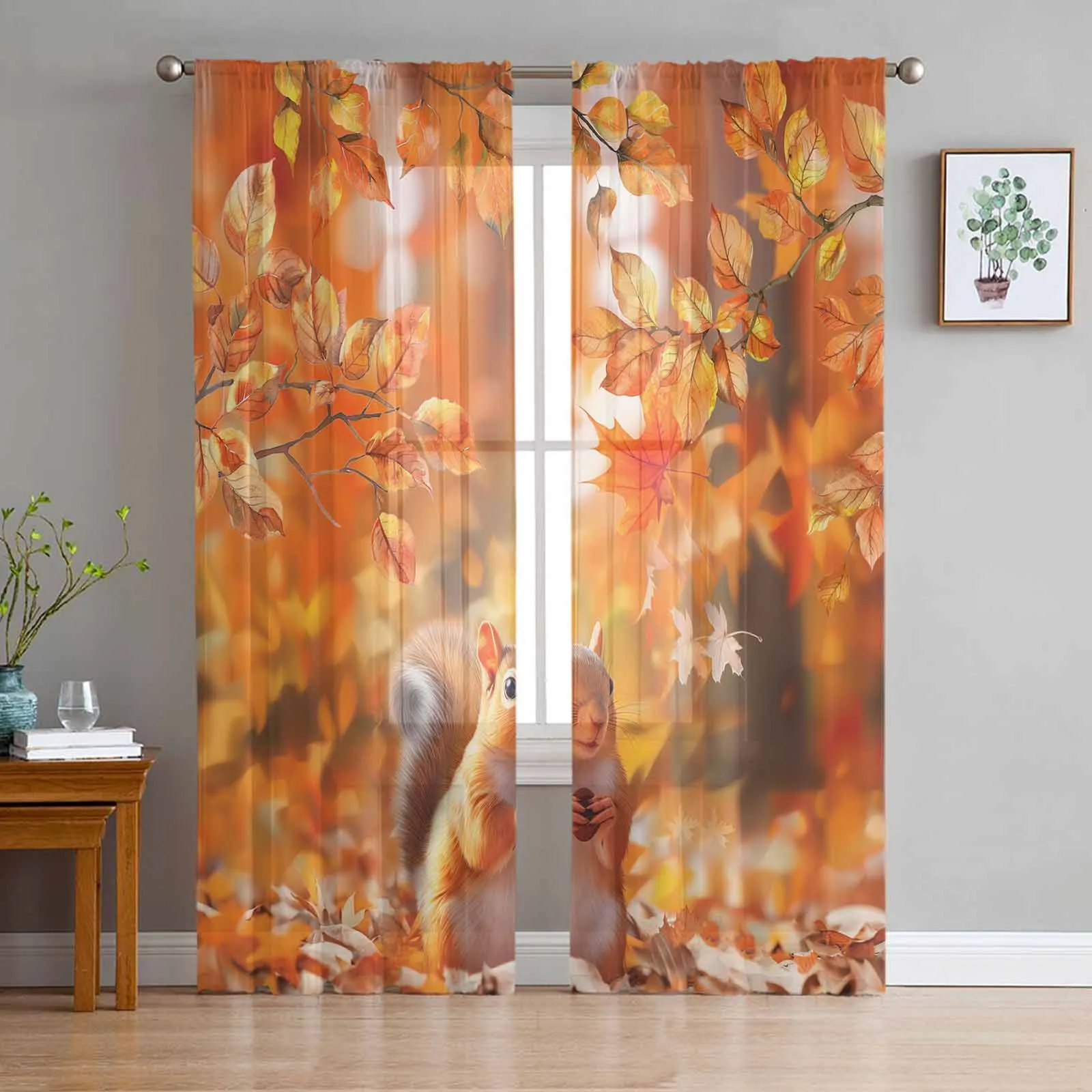 Autumn Leaves Squirrel Tulle Curtains for Living Room Bedroom Sheer Voile Curtain Home Decor Kitchen Curtain