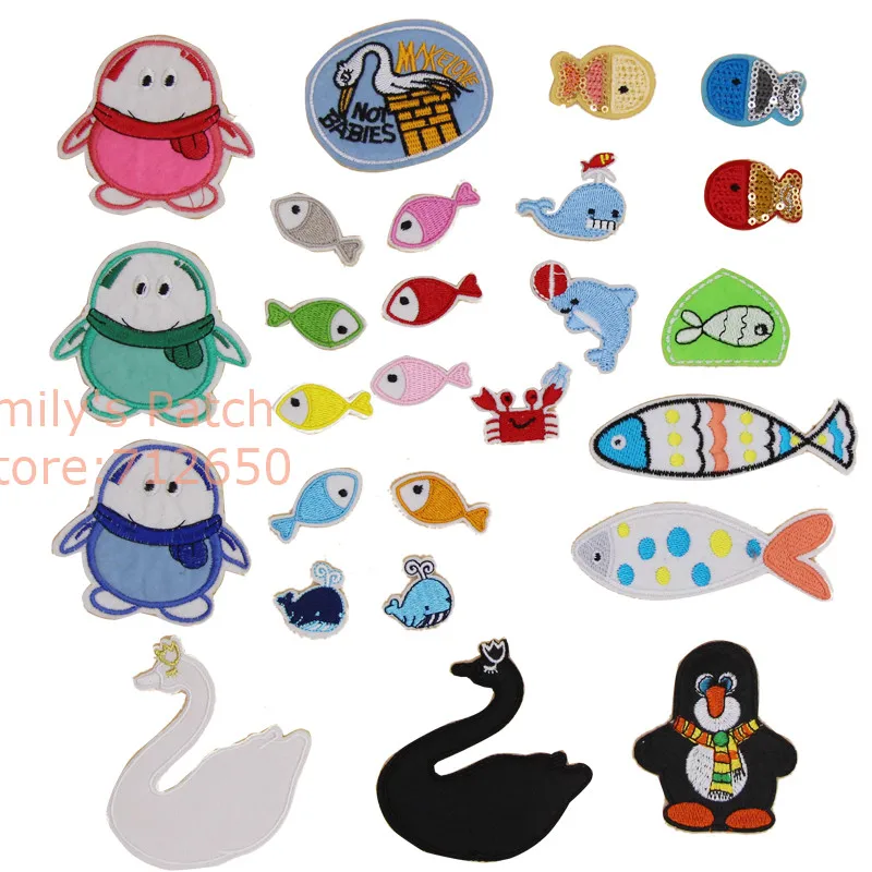 CPAM Shipping 10 pcs Fish Goose Penguin Crab Animals Embroidered iron on patch fashion clothing hat bag shoe phone accessory