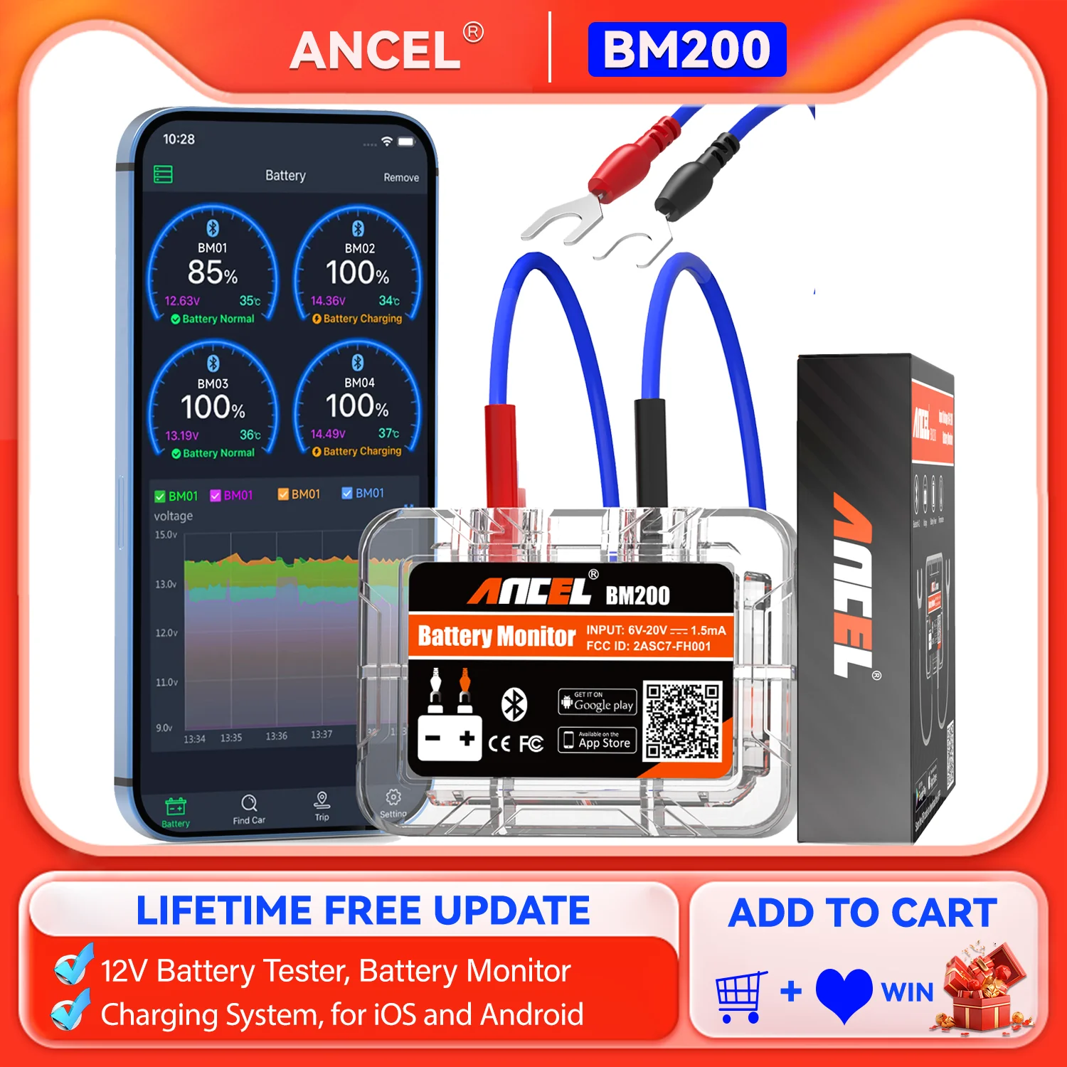 ANCEL BM200 Wireless Bluetooth 4.2 12V Battery Monitor Car Battery Health Monitoring Battery Tester For Android IOS APP