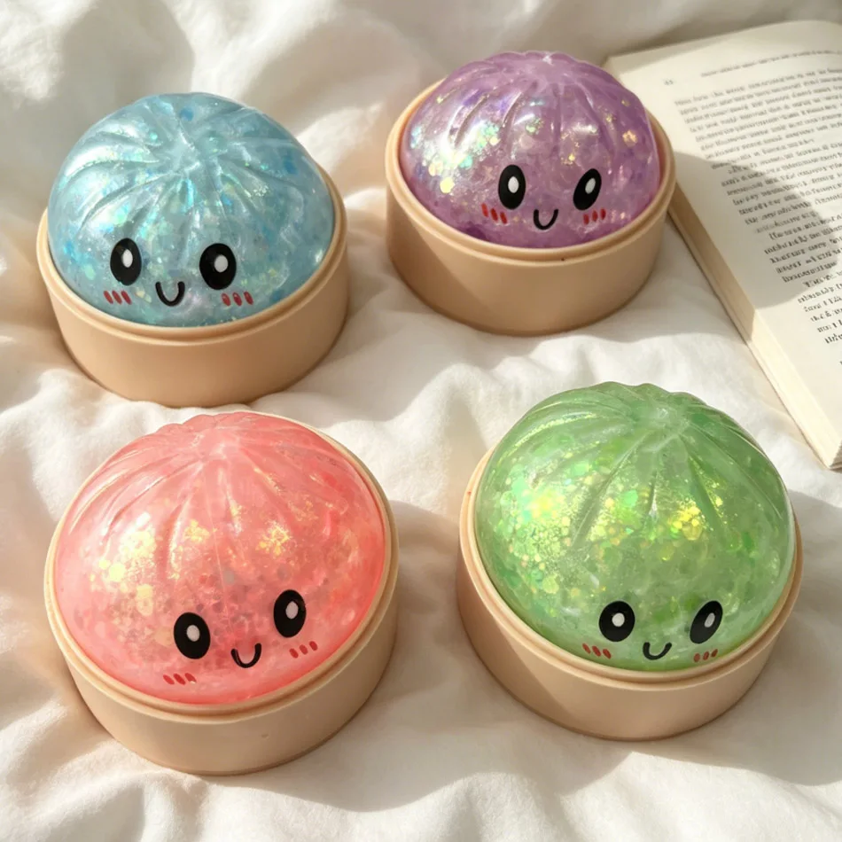 Hot Glitter Dumpling Squishy with Box Dumplings Sensory Steamer Soft Dough Ball for Decompression Fidget Toy Stress Relief Gift