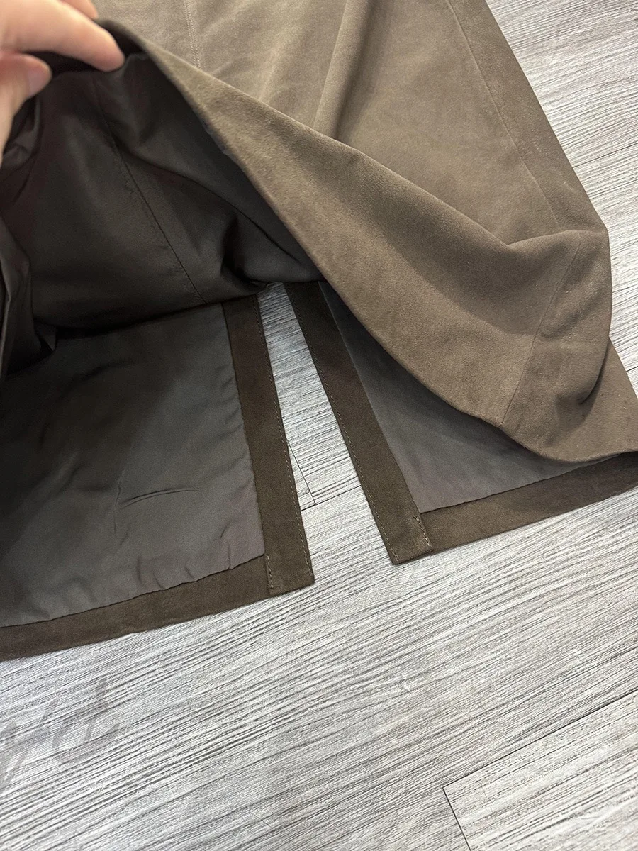 Retro High Grade Suede Real Leather Long Skirt 80cm For Women Upgraded Imported Jupe Back Split Waist Loop Faldas Ankle-Length