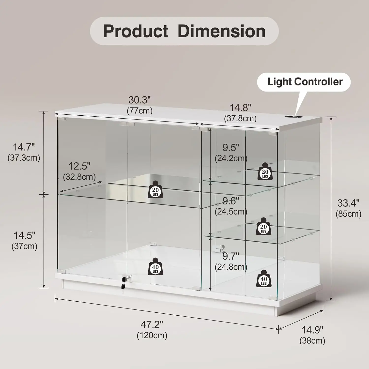 Human Sensor Lock RGB Glass Display Cabinet White Curio Sideboard Collectibles Toys Books Bookcase Living Room Kitchen