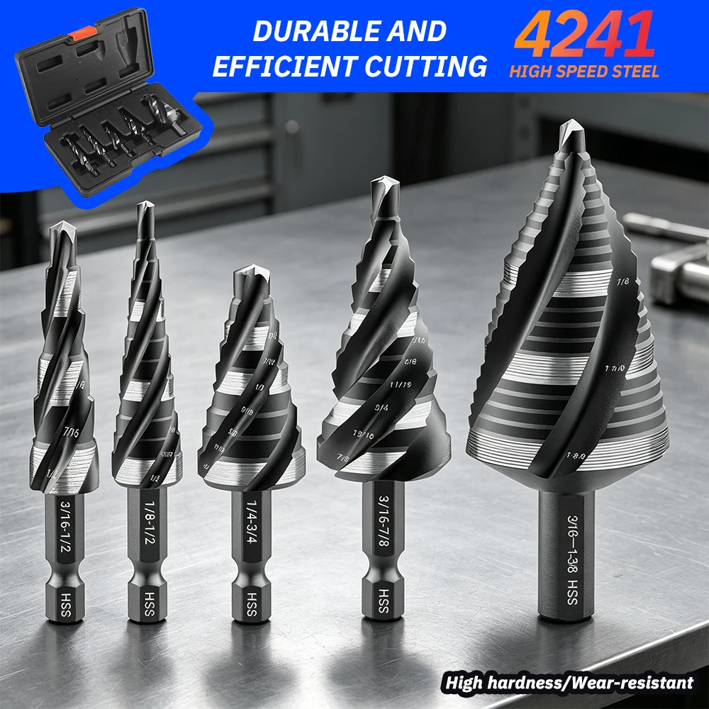 Step Drill Bit Set 4241 HSS 4 Flute Spiral Flute Step Drill Hex Shank Black Oxide Step Drill for Metal Cutting & Hole Opening