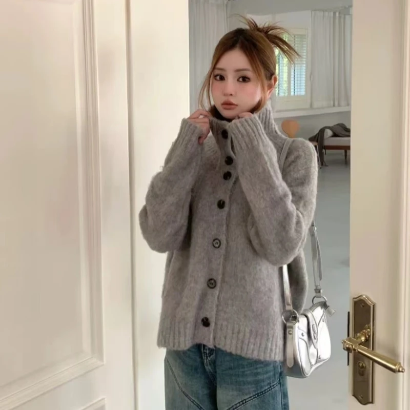 Ladies' Knitted Open Cardigan Sweater Lazy Sle Loose Fit Winter Vintage Early Spring Chic Outerwear Long Sve High Collar