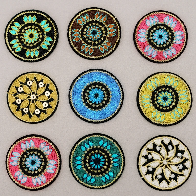 

5.2cm circular ethnic floral loop embroidered sequin patch Iron On clothing headband earrings vintage accessories