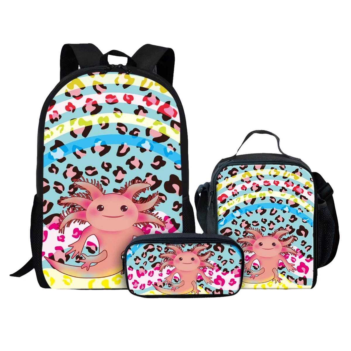 Kawaii Axolotl ransel kartun remaja perempuan laki-laki tas sekolah kapasitas besar warna macan tutul cetak 3 buah/Set ransel untuk siswa