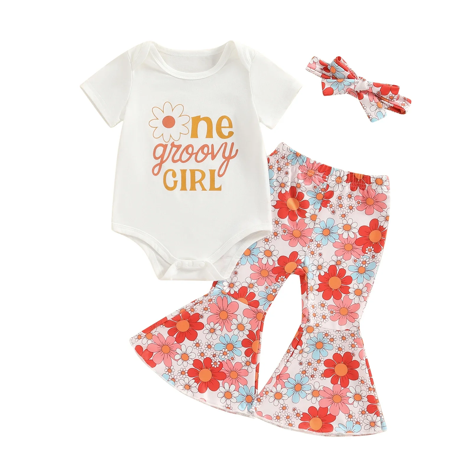 

Baby Girl Birthday Set Letter Print Short Sleeve Romper with Floral Flare Pants and Headband 3 Pcs Outfit