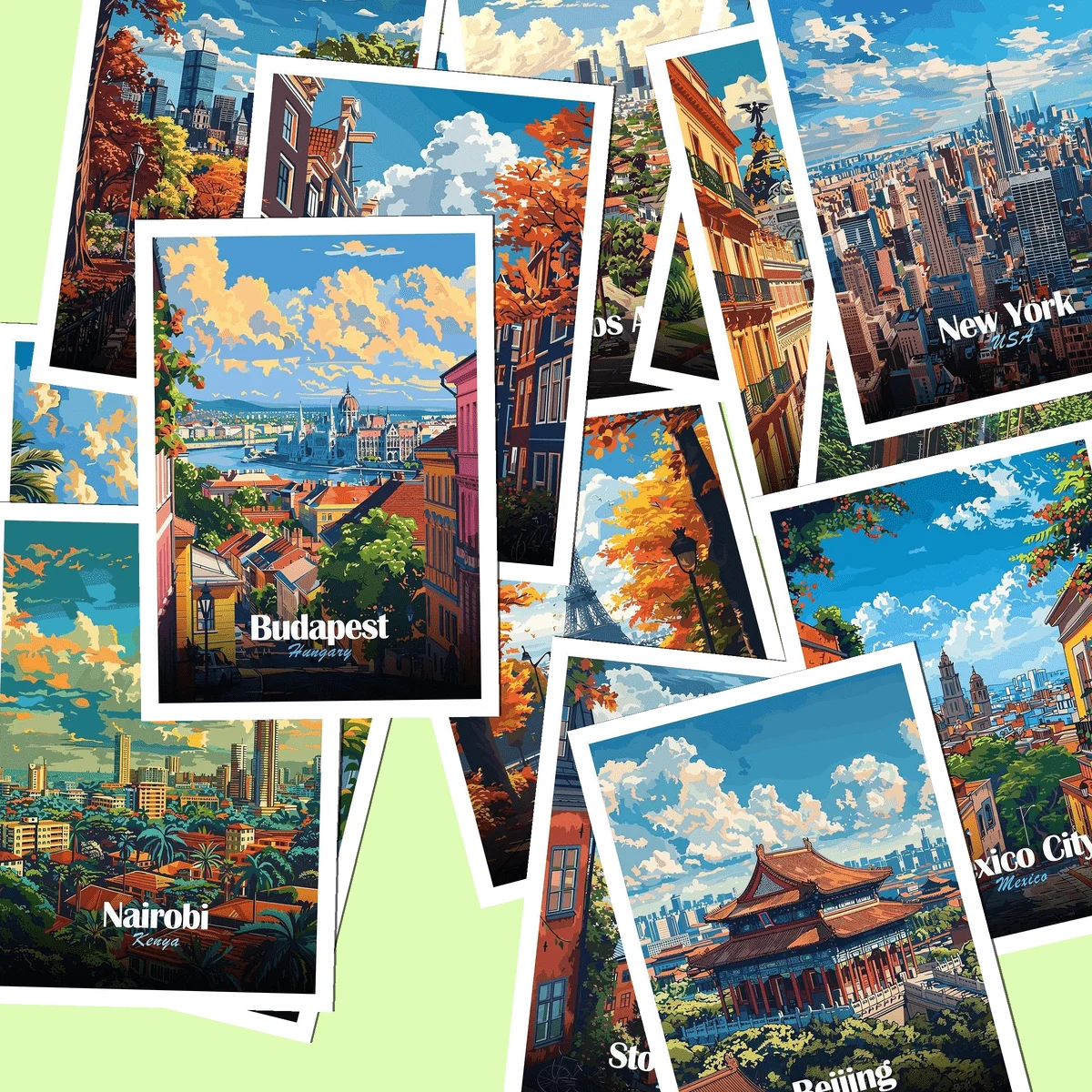 20PCS Tokyo and Other Tourist City Architectural Landscape Postcards, Classic Illustration Collection Decoration Greeting Cards