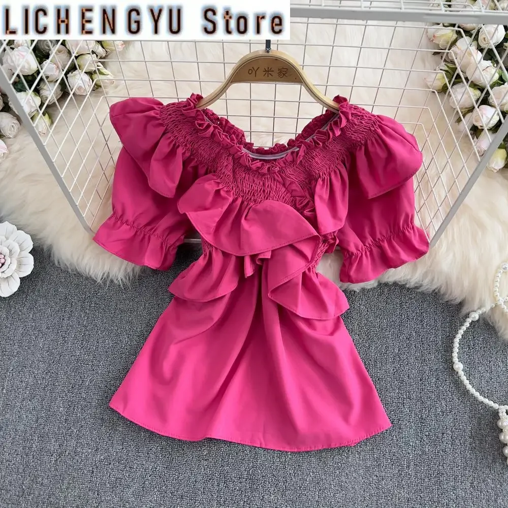

Sweet Style And Youth Woman Blouses Solid Color Ruffles Patchwork Slash Neck Female Slim Shirt Summer New