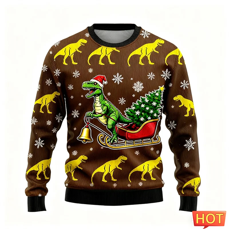 2026 جديد مضحك T-rex الجرافيك القبيح عيد الميلاد سترة العصرية الشارع الشهير ثلاثية الأبعاد مطبوعة عيد الميلاد بلوزات كول المتضخم رجالي البلوفرات #5