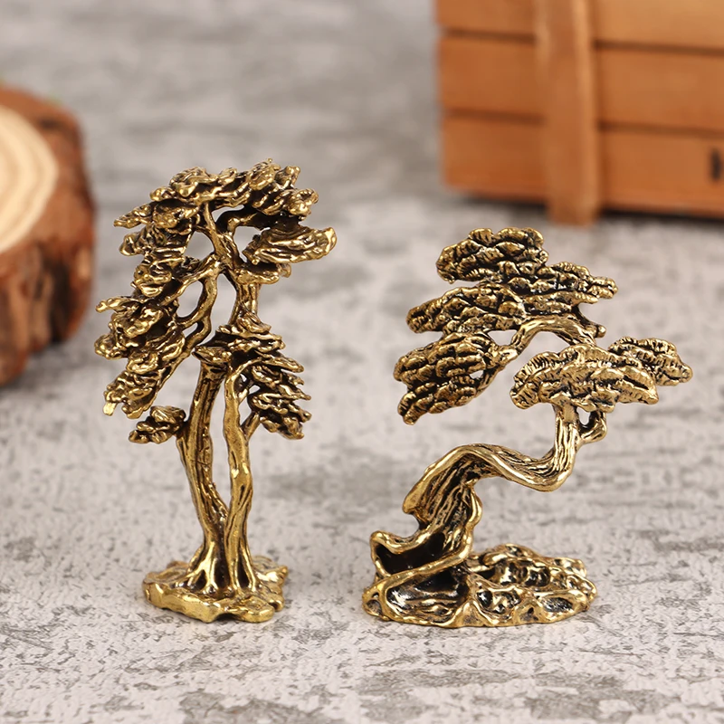 1Pc Brass Mini Welcome Pine Figurine Tree Miniature Landscape Small Bonsai Tree Statues Decorations Accessories