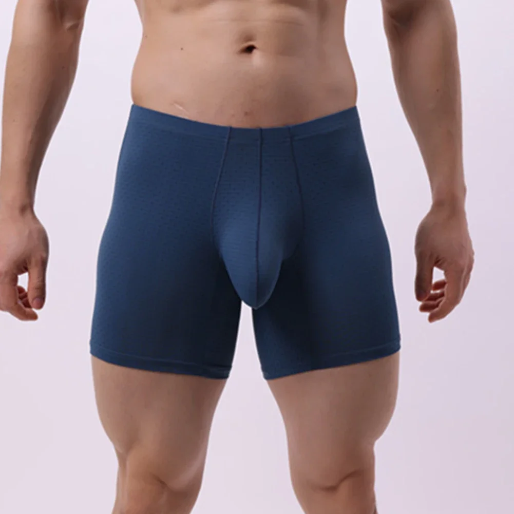 

Мужские сексуальные бесшовные длинные шорты-боксеры, нижнее белье, U-образная выпуклая сумка, сетчатые плавки