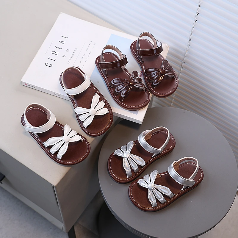 

Летние повседневные сандалии для девочек с открытым носком, на липучке, с цветочным декором, универсальные, на плоской подошве, однотонные, нескользящие, стильные детские туфли