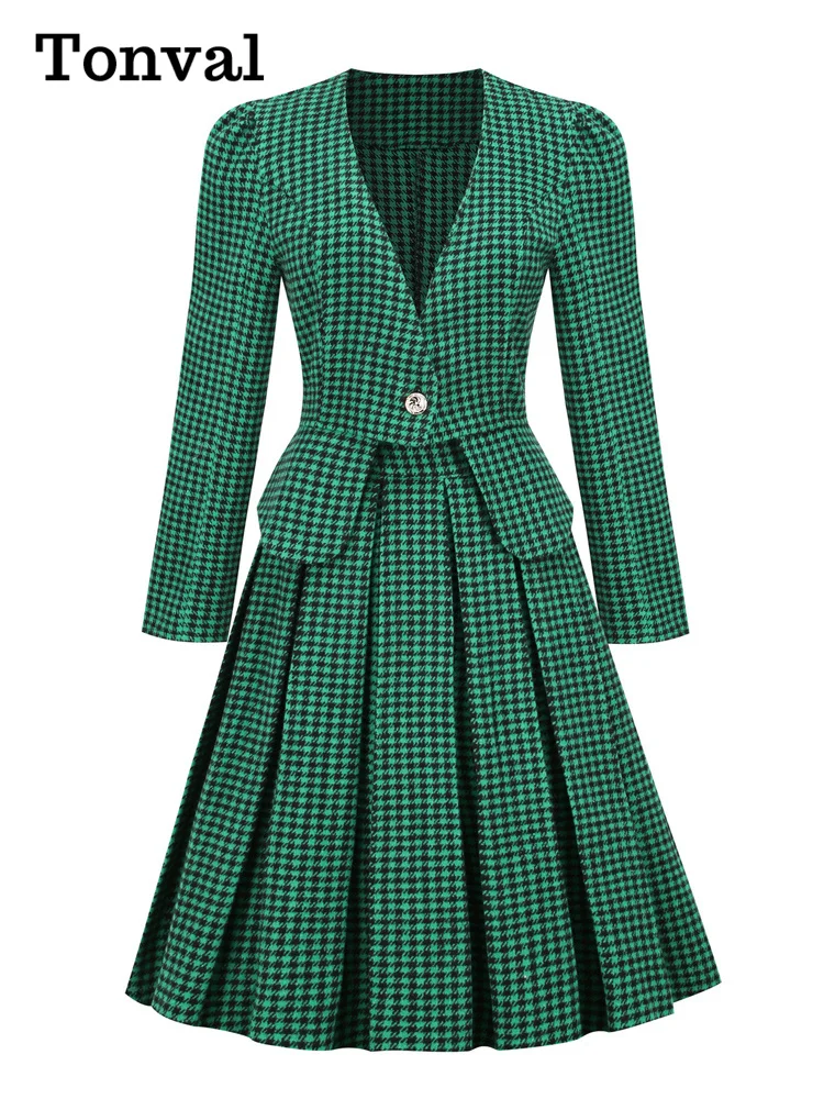 

Tonval Office Outfits Blazer and Skirt Green Houndstooth Vintage Two Piece Sets Women Elegant Fall Winter Clothing Dress Sets