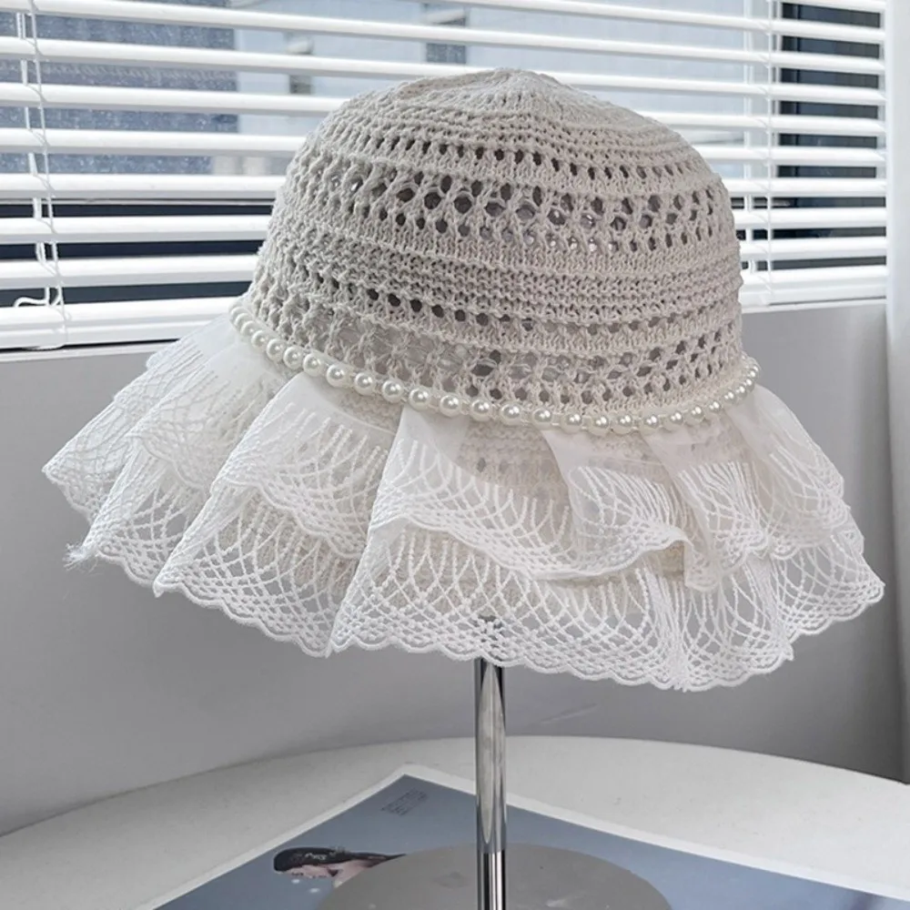 Hollow Knit Texture Bucket Hat Pearl Decor Anti-UV Fabric Sun Hat Lightweight Material Foldable Design Fisherman Hat