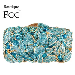 Boutique De FGG Women Light Blue Flower Clutch Purses Formal Evening Handbags Bridal Floral Minaudiere Bag Crystal Clutch Bag