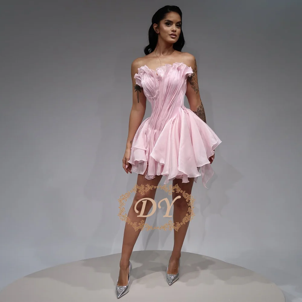 

DY Modern Strapless Pink Short Prom Cocktail Dress Pleated Puffy Mini Homecoming Gown Customized For Wedding Party Corset