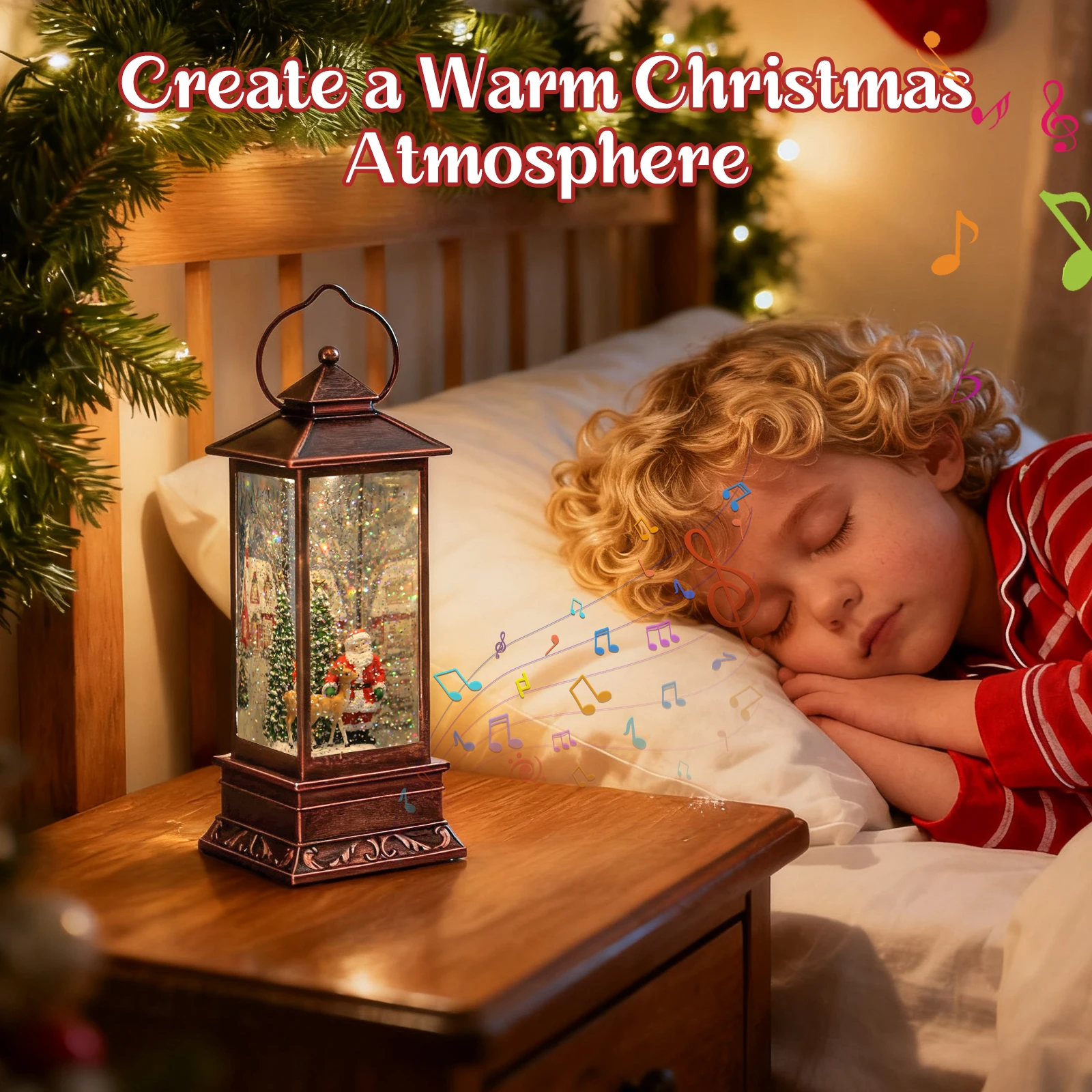 

Christmas Snow Globe Lantern with Music Night Light for Bedroom Kids Room, Battery USB Powered Electric Lantern for Home Decor H