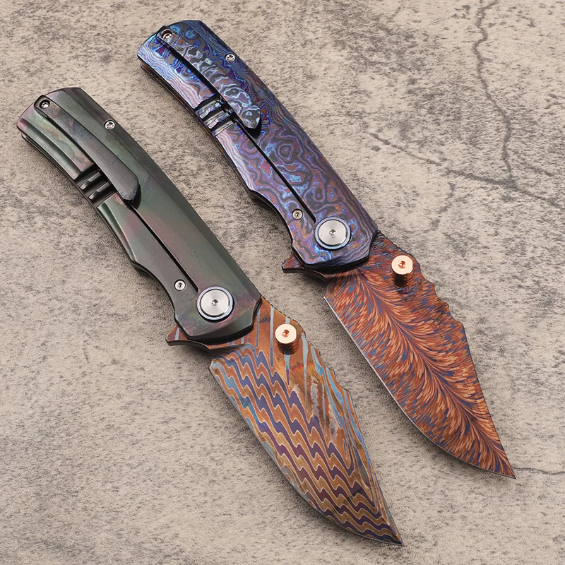 1095/15N20 forged Damascus steel blade, zirconium alloy and zirconium horse handle, survival folding EDC fruit knife