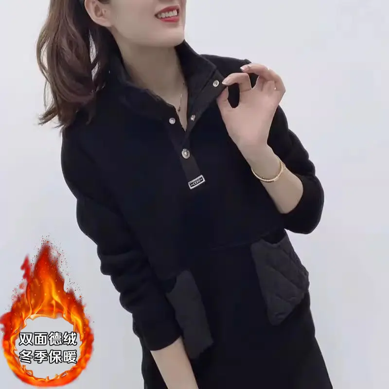 

Зимняя двусторонняя немецкая бархатная толстовка с темпераментом и универсальностью, с большим карманом и воротником-стойкой, однотонный топ XQ'38