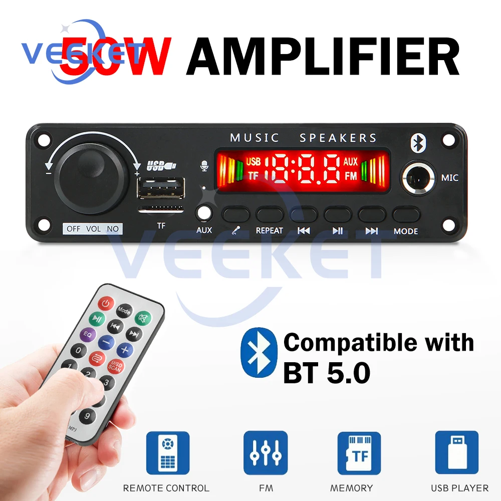 DC6-18V 50W Bluetooth 5.0 Decoder Board 6.5MM Microphone Amplifier Decoder Board FM Decoder Recording Call Lossless Motherboard