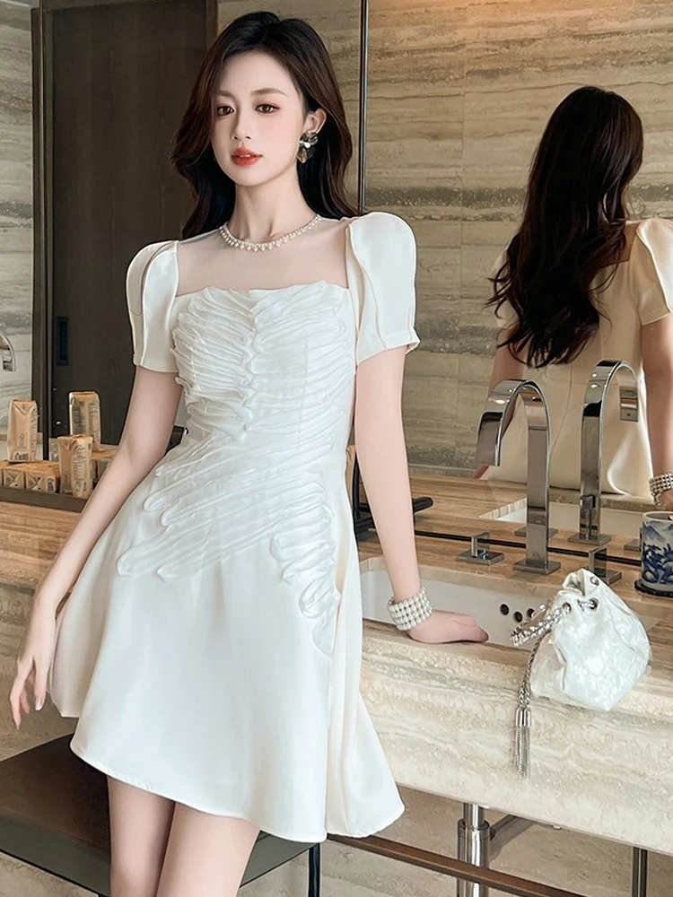 French Elegant Mini Dress Women's Clothing Sweet Design White Diamonds Sheer Bubble Sleeve Ball Gown Female Dance Party Vestidos